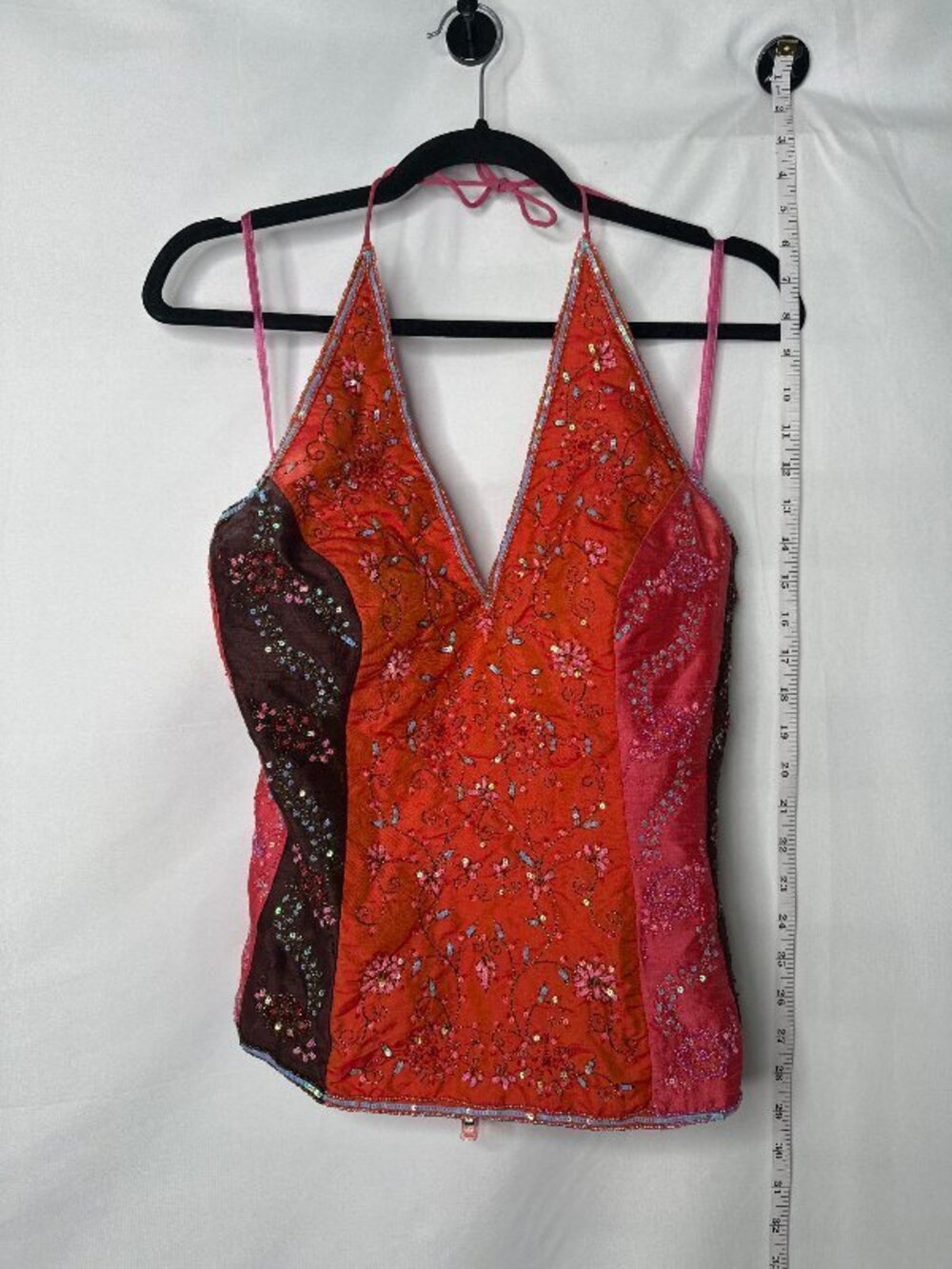 Aftershock London Y2K Beaded Sequin Silk Halter Top Orange Pink Boho Large